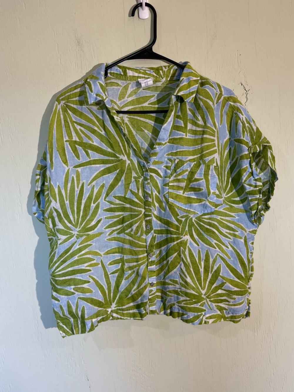 Sigrid Olsen 100% linen green tropical leaf print button-up shirt size xl